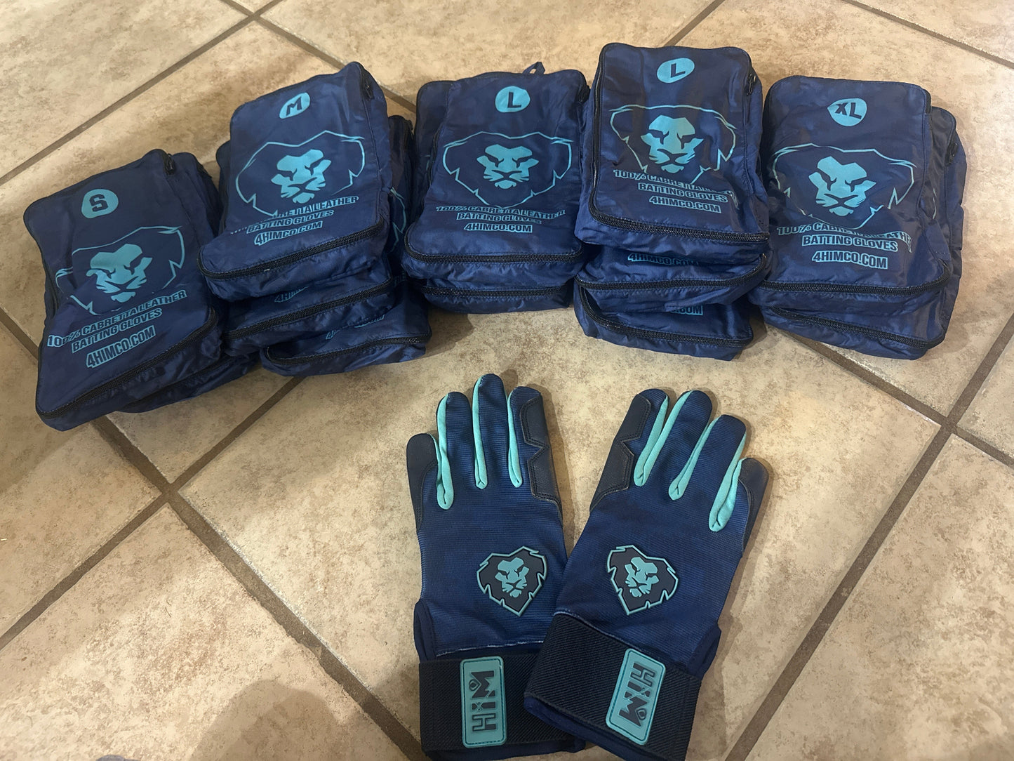 Navy Aqua Cabretta Leather Batting Gloves [Ready to Ship]